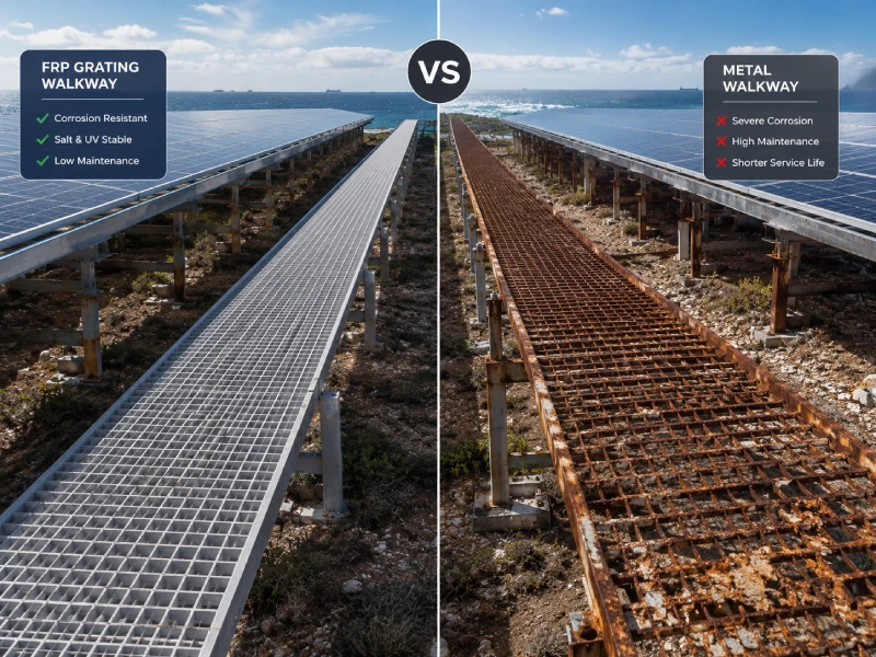 Dlaczego krata FRP jest najlepszym materiałem na chodniki PV O&M (krata solarna FRP vs metal)
