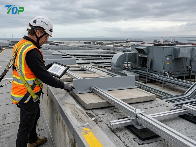 EPC engineer inspecting edge wind zone of flat roof ballast solar mounting system on industrial rooftop