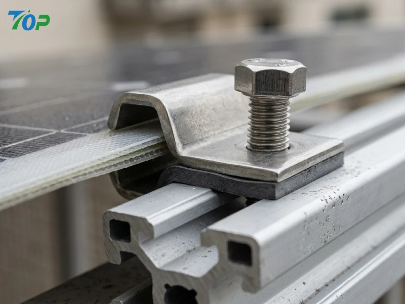 Macro detail of SUS304 stainless steel balcony solar clamp with EPDM isolation pad and aluminum rail