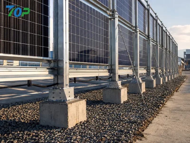 Vertical bifacial solar fence installed in industrial park with steel structure wind-resistant design
